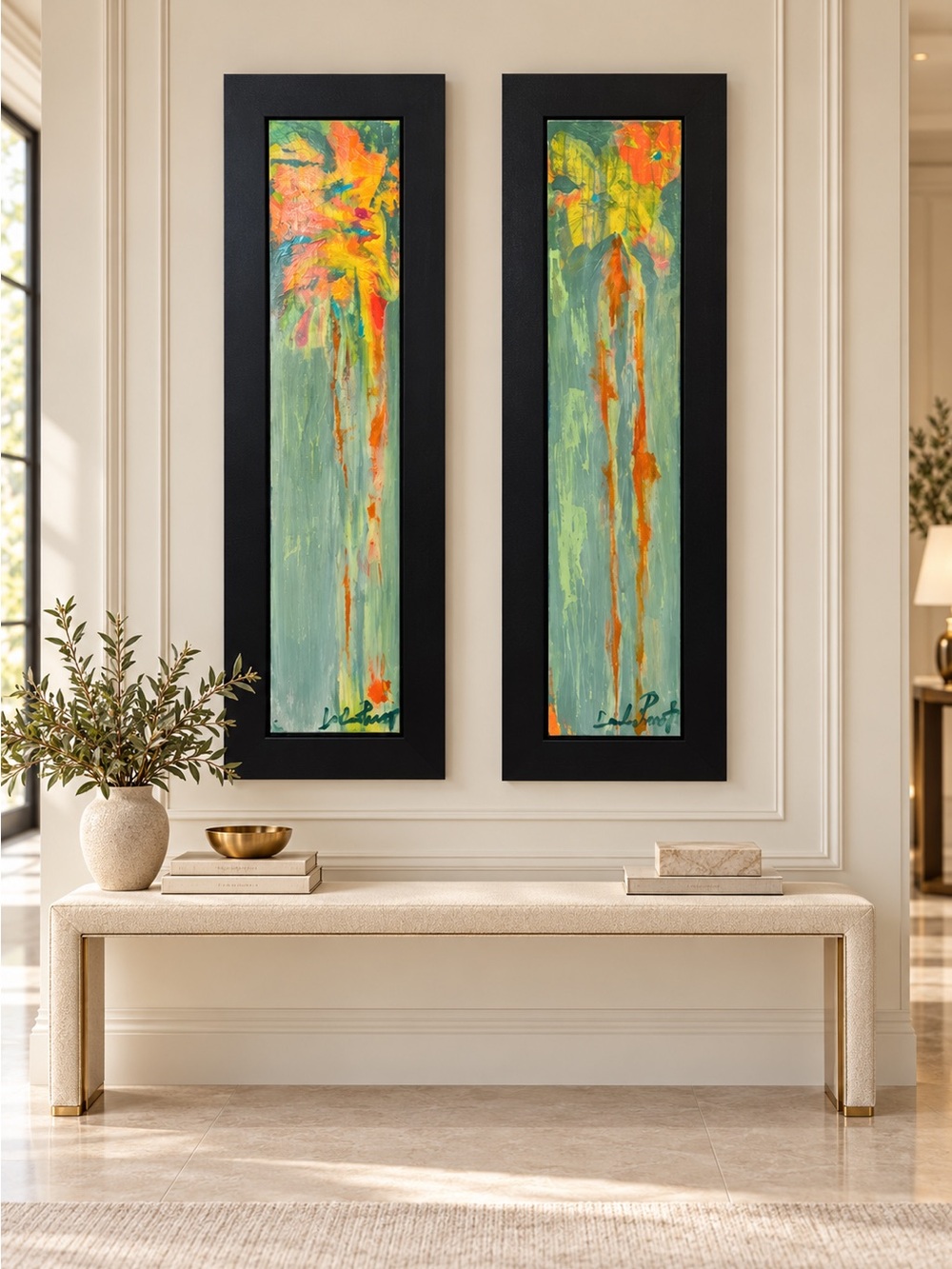 Abstract Green and Orange Floral Wall Art Pair